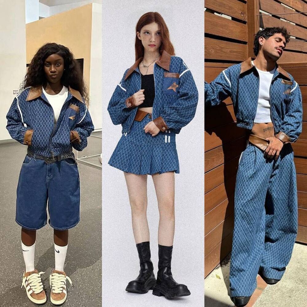 Aelfric Eden Vintage Denim Jacquard Cropped Jacket Long Sleeve Jean Coat XL NWT